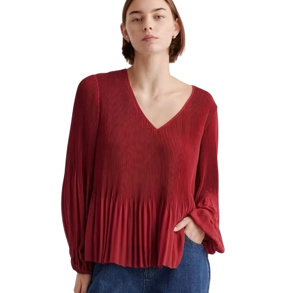 New Quince Women XS Chiffon Pleated Long Sleeve V-Neck Blouse Burgundy Red Party